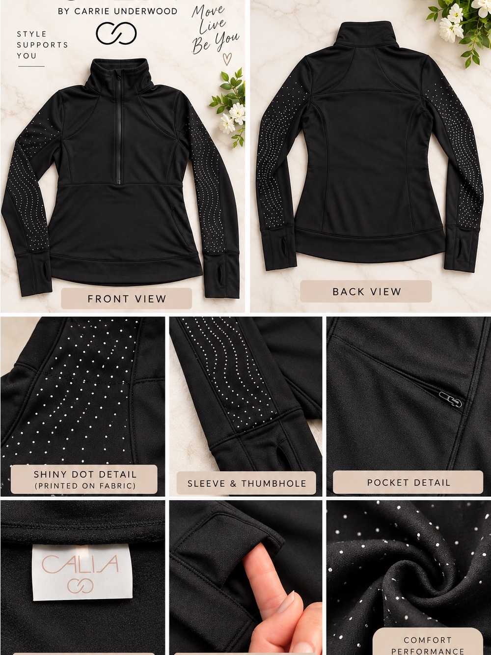 CALIA by Carrie Underwood Black Half-Zip Pullover with Shiny Sleeve Dots